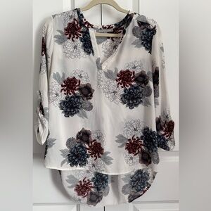 Daniel Rainn Floral Split Neck Blouse Women’s Size M Roll Tab Sleeve Top Ivory